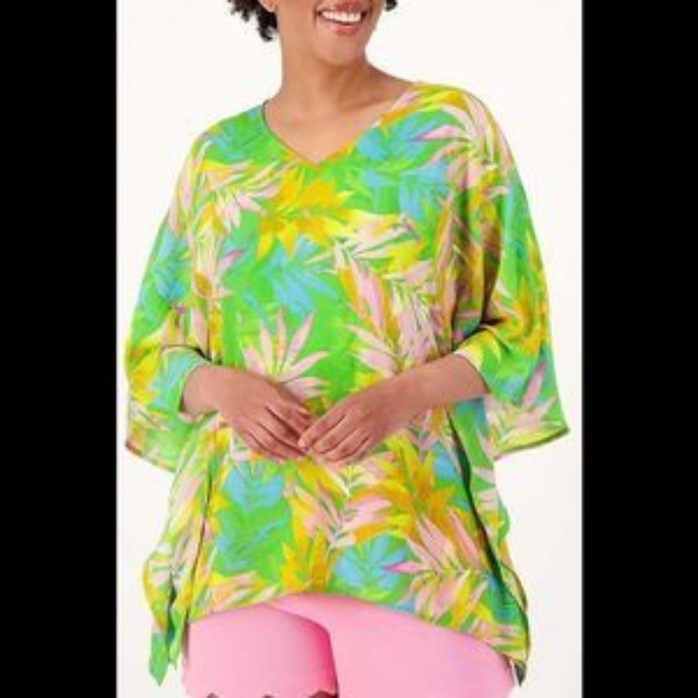 Belle Kim Gravel Colorlful Bamboo Leaf Print Pastel Coverup Swim Resort BEACH LG